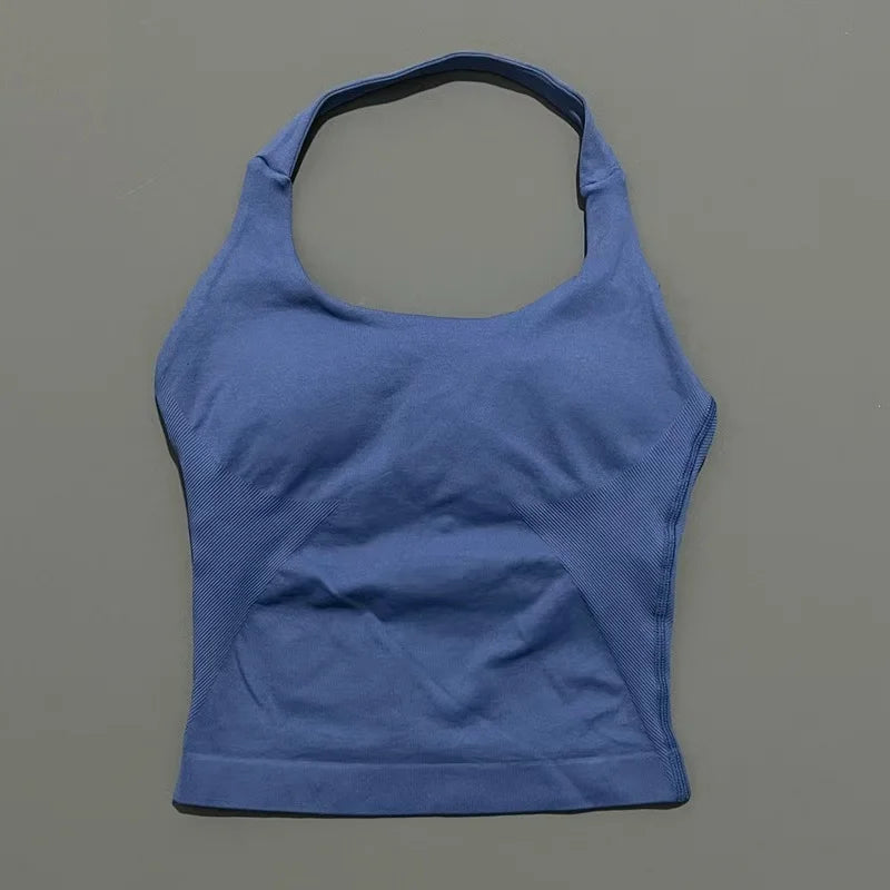 Halter Yoga Tank Top Women Sexy Seamless Strappy Backless Slim Fit Padded Breathable Gym Fitness Running Workout Sports Tops