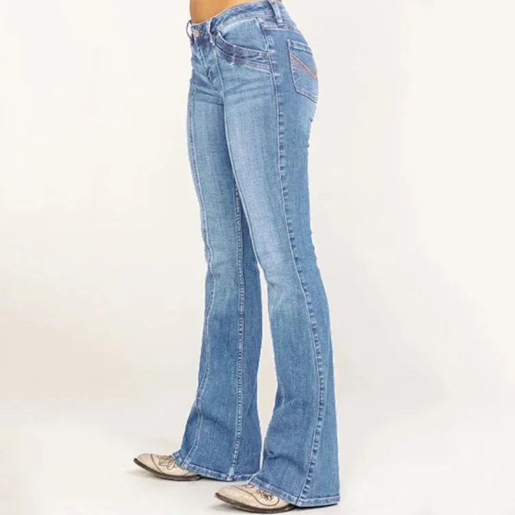 European American Ladies Washed Flare Denim Pants High Waist Slim Fit Casual Daily Long Women Jeans For Street Daily Wear