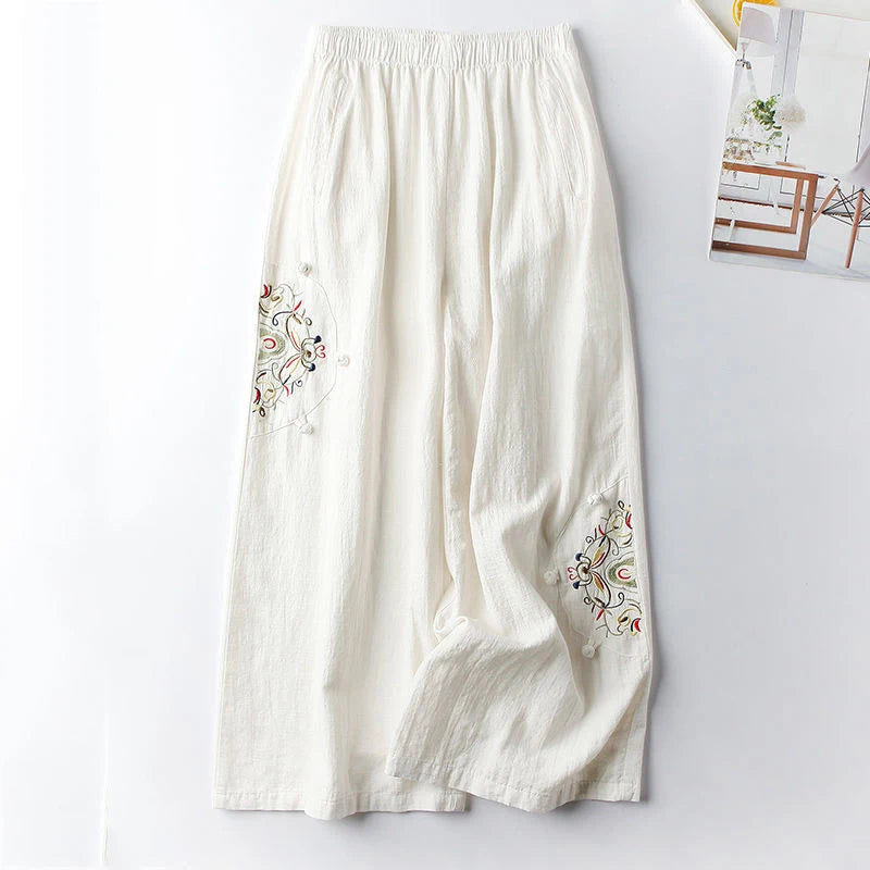 Women's Fashion New Loose Wide Leg Pants Simple Casual Solid Color Splicing Embroidered Elastic Waist Slim Thin Straight Pant