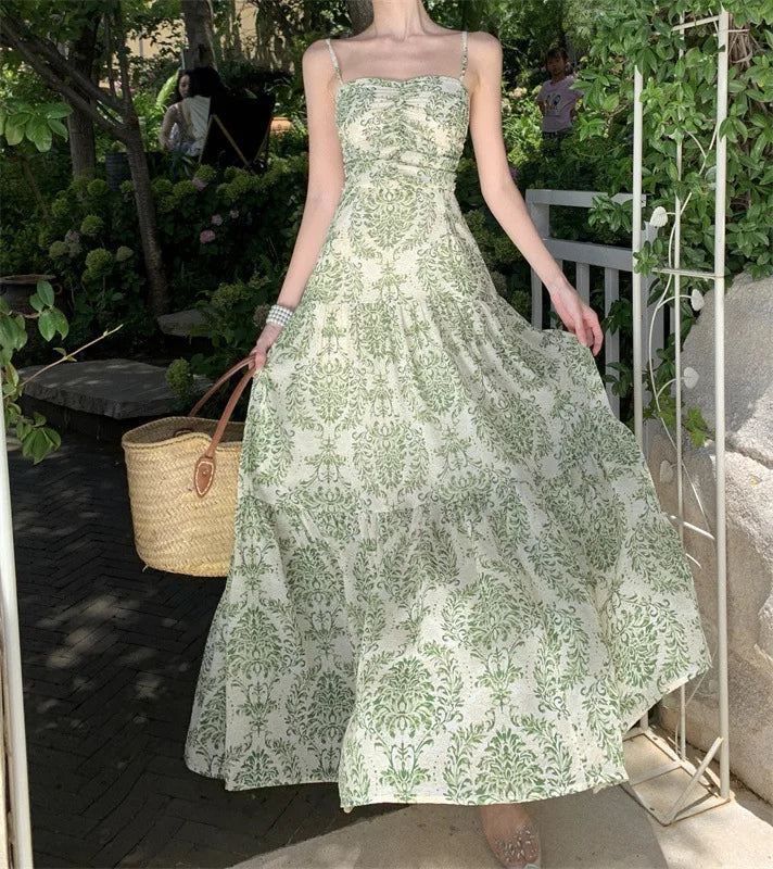 Dress Women Sling Dresses A Line Print Floral Pleated Sleeveless Backless Slim Fit Tight High Waist Long Vestidos Elegant Splice