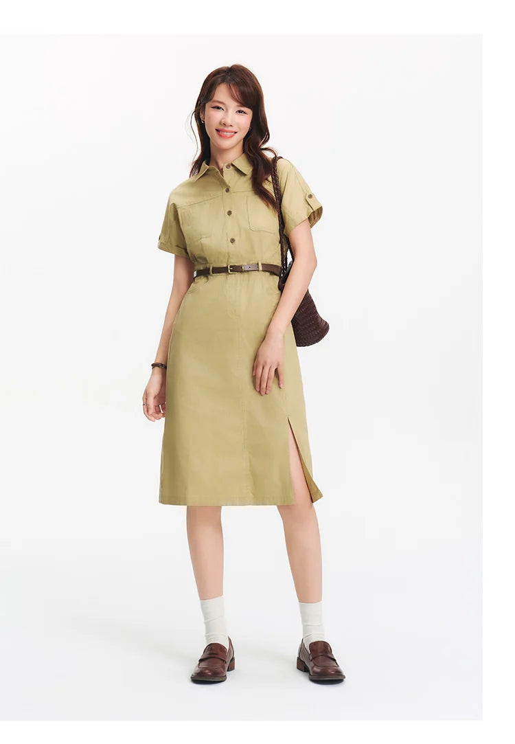 Semir Women Dress Shirt Collar Cotton Slit Midi Belt Slim Vintage Urban Workwear 2026 Summer Fashion Office Top