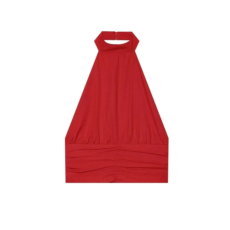 Women's Red Pants Sets Sexy Halter Backless Ruched Crop Tank Top Suit Elegant Female 2 Piece Sets Summer Woman New Matching Sets
