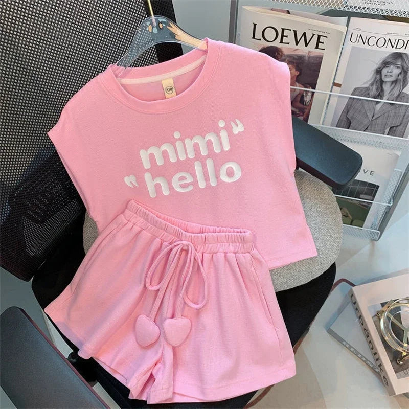 New 4 -14 Years  Summer Girls Clothing Set Letter Print Sleeveless T-shirt + Heart Shorts Pants 2pcs Suit Kids Leisure Outfit