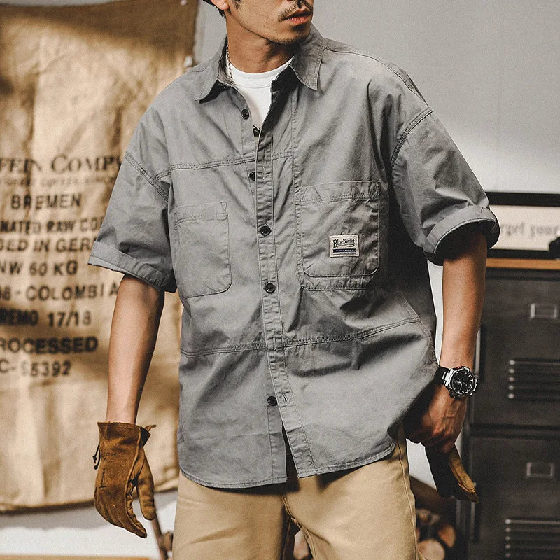 Men's Retro Short Sleeve Shirts Cotton Shirt Japanese Casual Loose Fit Thin Breathable Plus Size Shirts for Men Summer Workwear