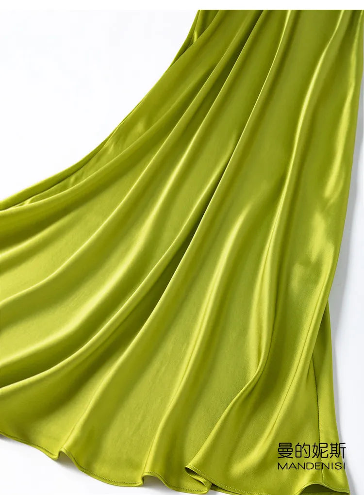 Tcyeek Woman Long Dress, 100%Real Silk, V Neck, Solid Spaghetti Strap Dresses, 2025 Elegant Chic Clothes