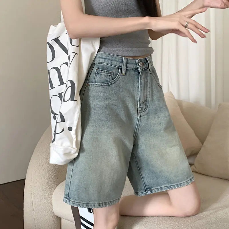 Denim Shorts Vintage High Waist Loose Fit Distressed Design Ins Style Sweet Spicy Girls All-match Casual Summer Streetwear Y2k