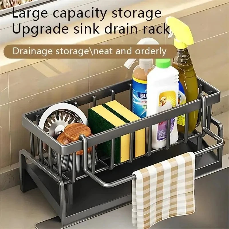Stainless Steel Kitchen Sink Organizer | Sponge & Soap Storage | Faucet Holder & Towel Rack | Drain Rack with Shelf | Kitchen Ac