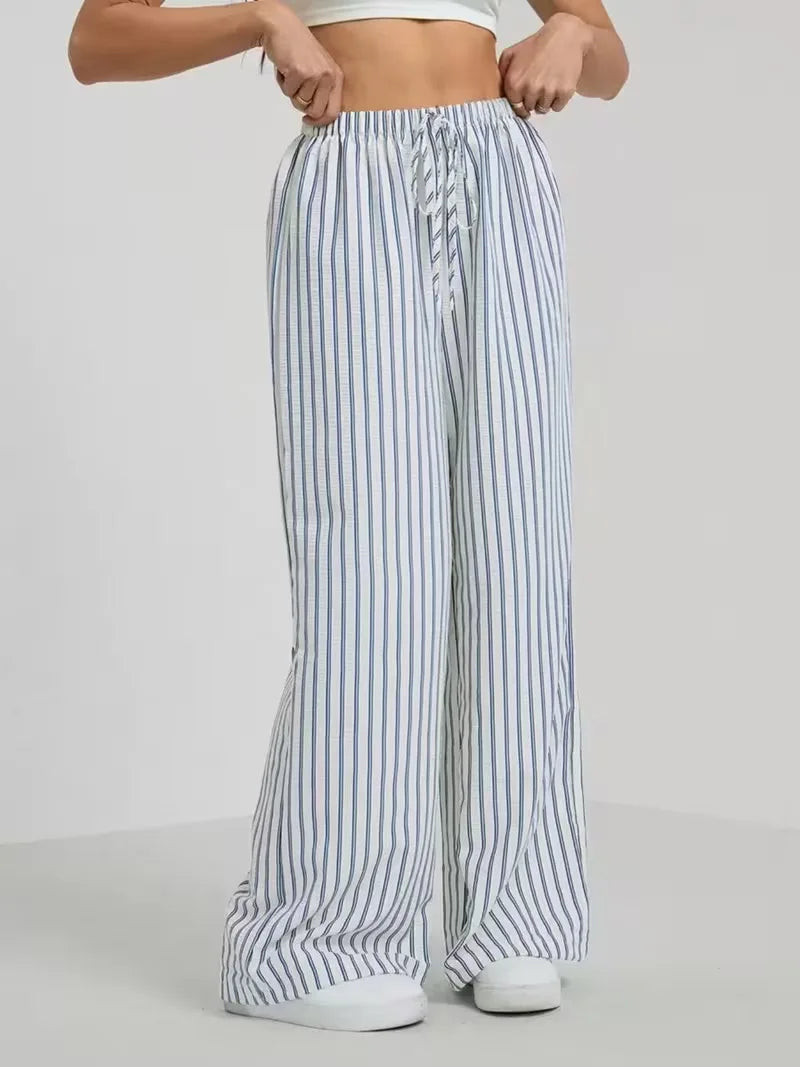 Women's Casual Striped Wide-Leg Pants   Summer Commute Fashion Drawstring Elastic Waist  Versatile Relaxed Straight Leg Trousers