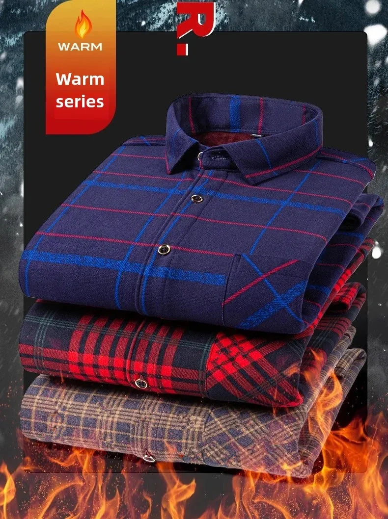 Men's Long Sleeved Shirt With Fleece Lined Winter Thickened Flannel Casual Plaid Stripe Daily Slim Man Clothes Plus Size 8XL 7XL