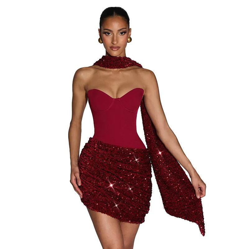 Chic Sequin Patchwork Strapless Mini Dress Women Scarf Collar Off-shoulder Waist Cinching Pleated Robe Lady Evening Party Gowns
