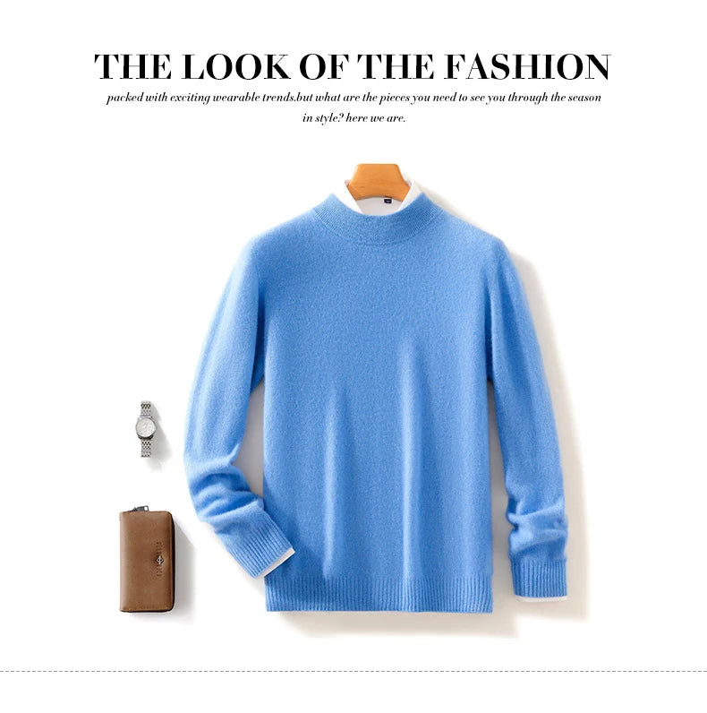 Autumn and Winter Half-high Neck 100% Pure Wool Men's Long Sleeve Leisure Sweater Knitwear