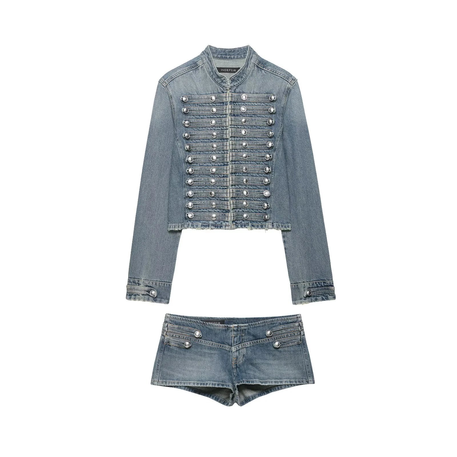 European and American style 2026 summer new women's clothing design sense close fitting denim jacket low waist shorts set