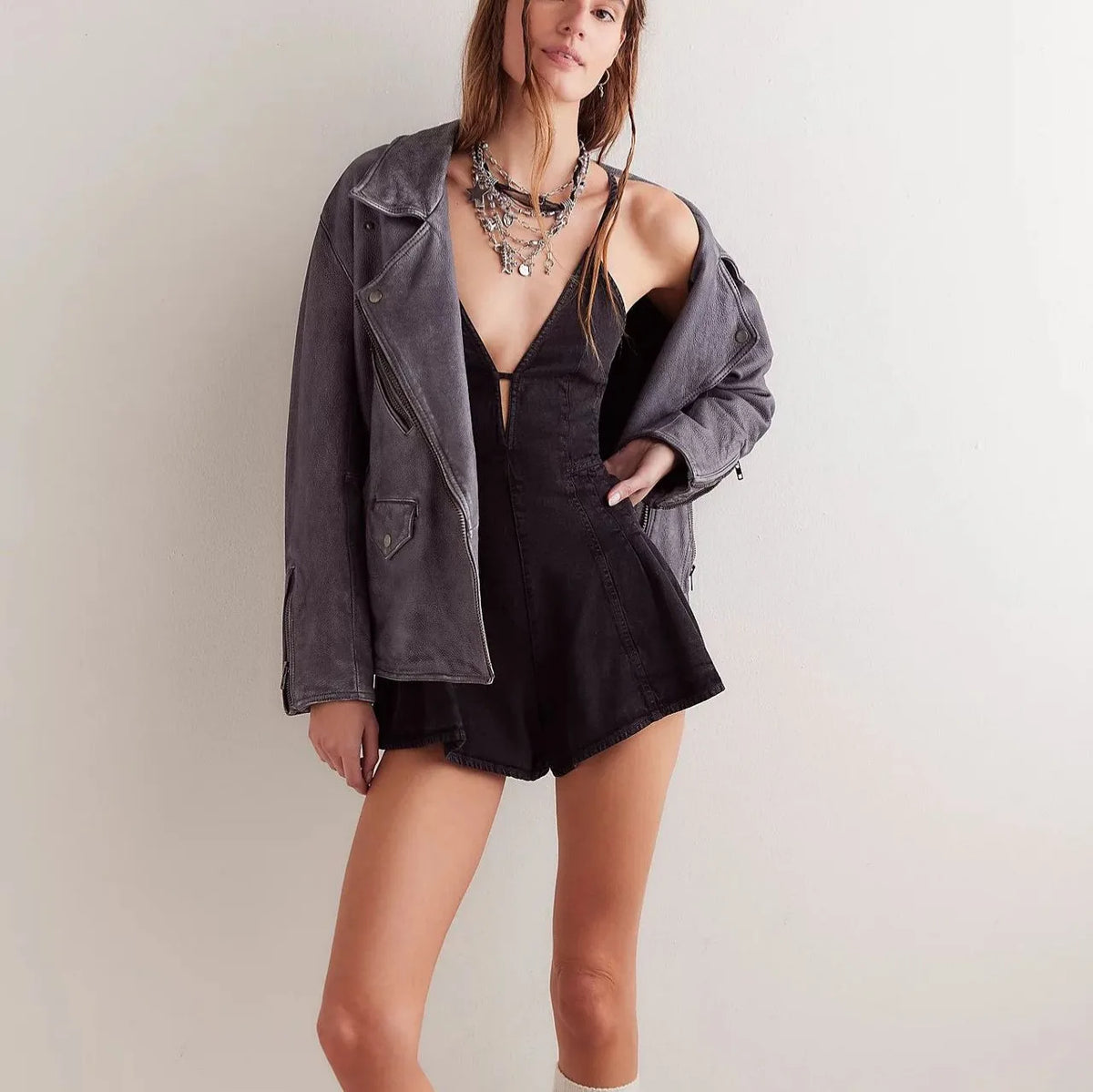Light Rompers V Neck Sleeveless Jumpsuit Thin Straps Cross Back A Line Mini Length Denim Romper High Pleated Skirt