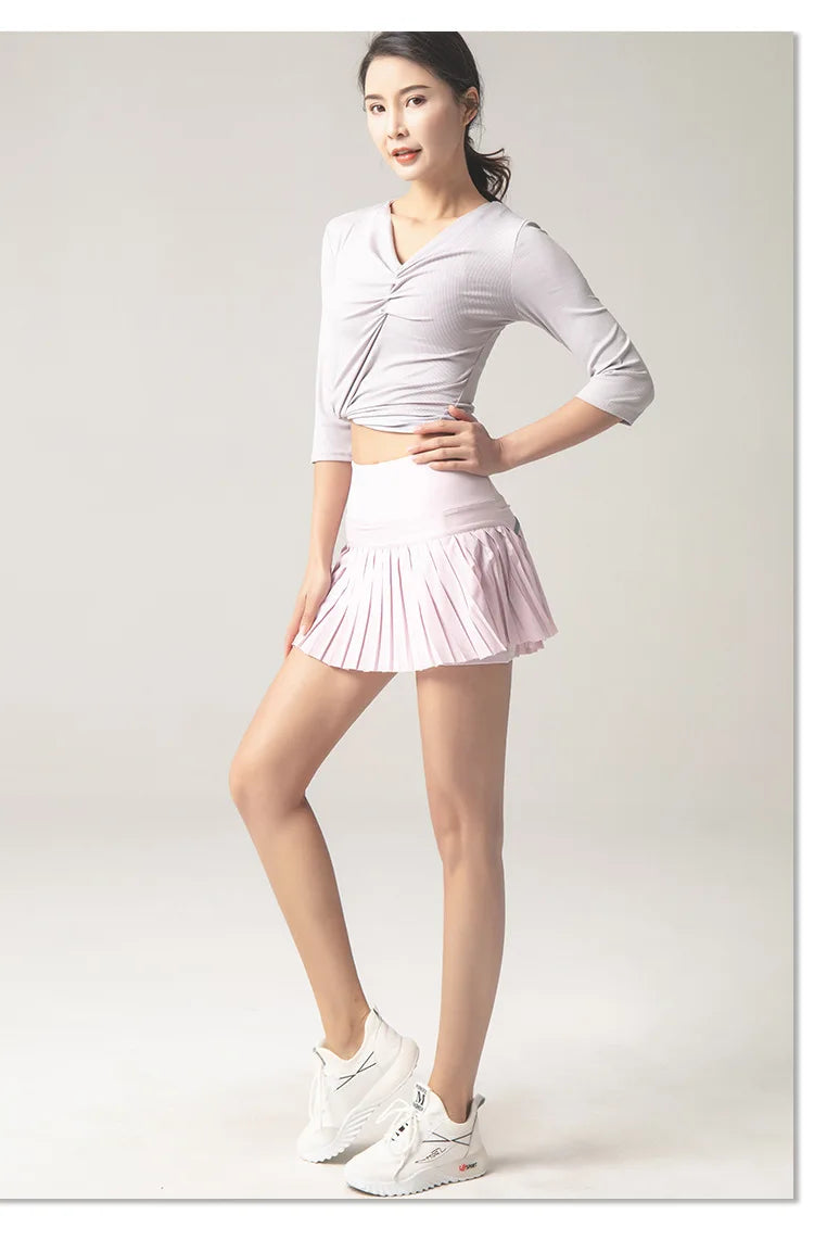 Summer Women Sports Anti Exposure Pleated Golf Tennis Skirts Fitness High Waist Elastic Athletic Run Shorts With Pocket