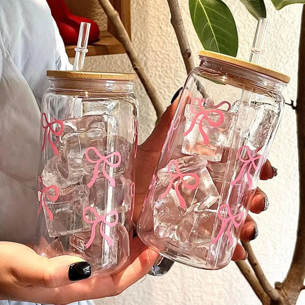 500ml Pink Bow Plastic Cups With Lids And Straws Reusable Bow Aesthetic Cup For Drinking Coffee Tea Cocktail For Party Support