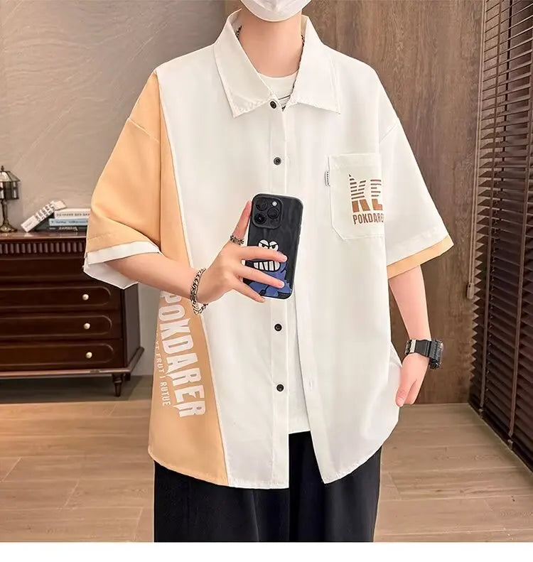 New Shirts for Men Patchwork Graphic T-shirts Men's Clothing Summer Casual Short Sleeved Daily Street Tops Loose Oversized Shirt