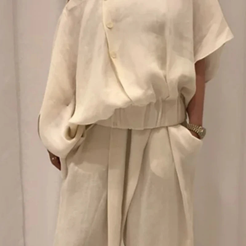 Women's Two Piece Set Wide Leg Buttoned Casual Pants Bottoms Trousers Hollow Solid Color Irregularity Loose Cold shoulder Blouse