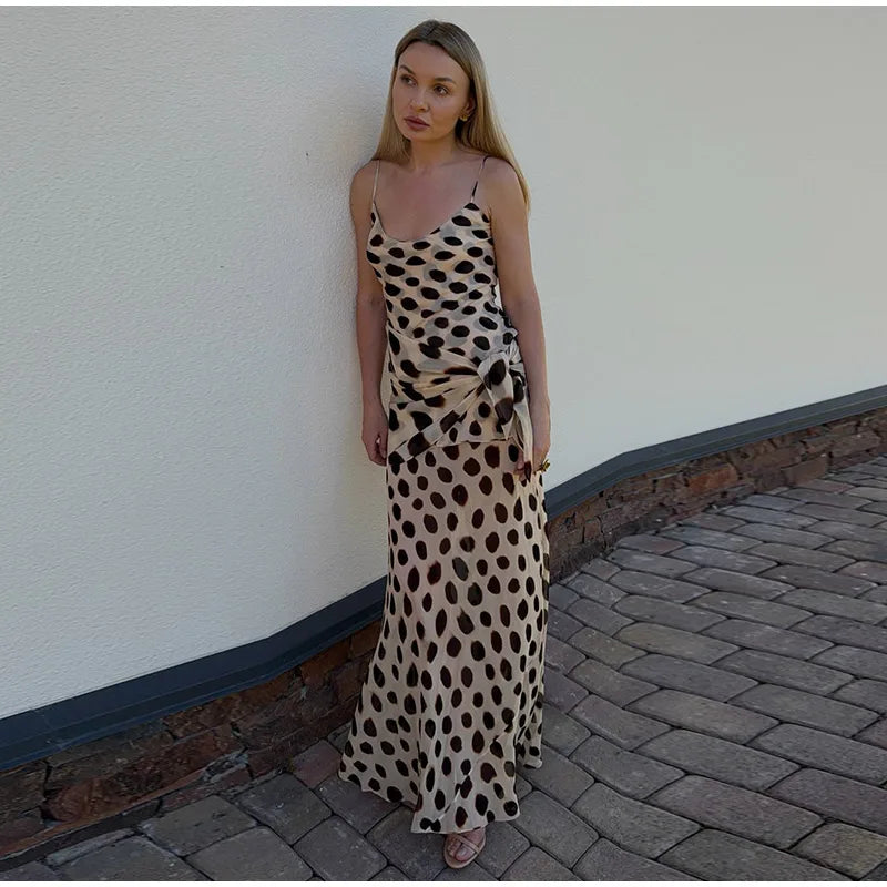 Vintage Print Maxi Dress Square Neck Spaghetti Strap Sleeveless Off Shoulder Detachable Wrap Tie Sash Dresses 2026 Chic Outfits
