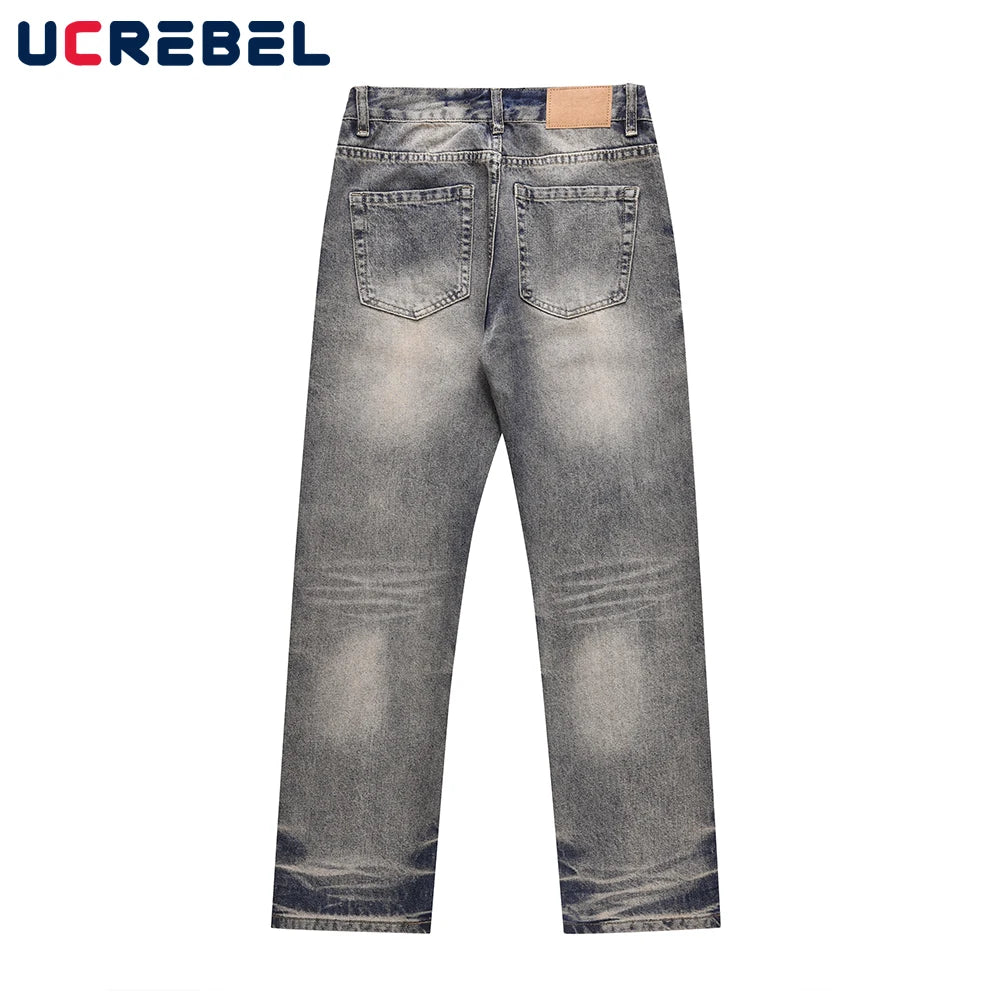 Washed Distressed Blue Denim Pants Mens Autumn Winter Casual Streetwear Straight-leg Jeans Men
