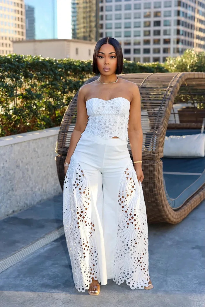 Women's Solid Color Pants Sets Hollow Out Lace Tube Top Cropped Top High Waist Trousers Two Piece Set Sexy Hot Girl Streetwear