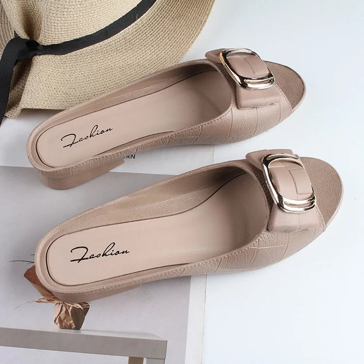 Summer Women Square Buckle Open-Toe Slippers Single Strap Flat Sandals Lady Solid Color Outdoor Beach Shoes Adult Casual Sandals