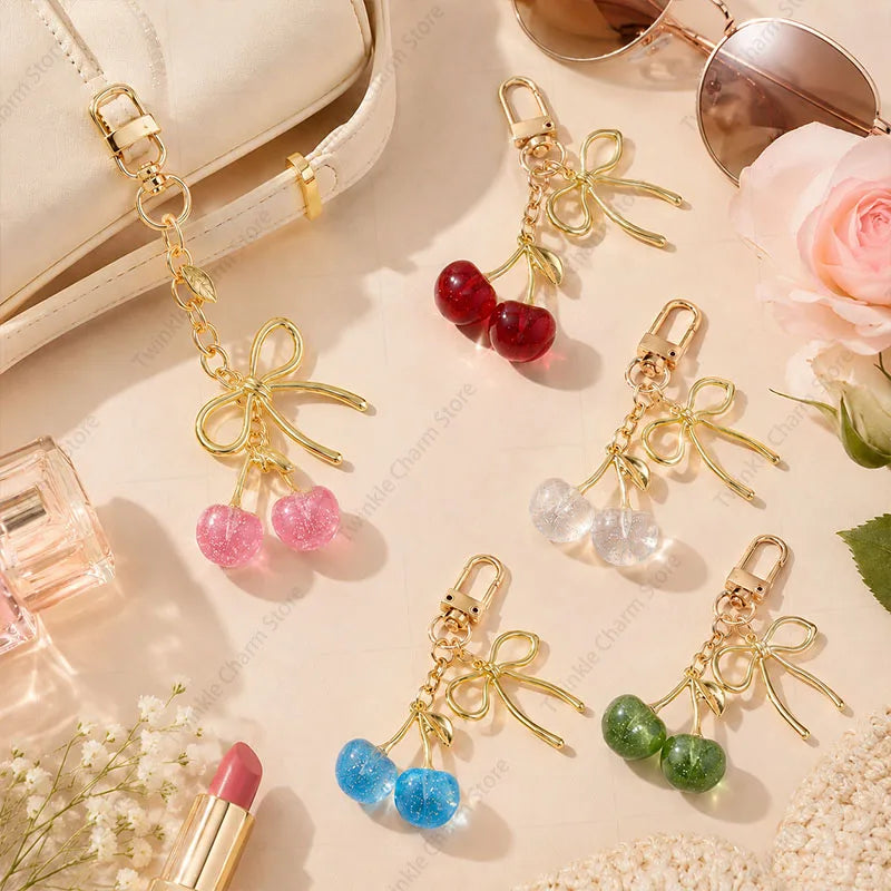 Classic Red Cherry Bow Pendant Keychain for Women Bag Decoration Car Key Chain Fashion Key Rings Party Gift Keychain Accessories