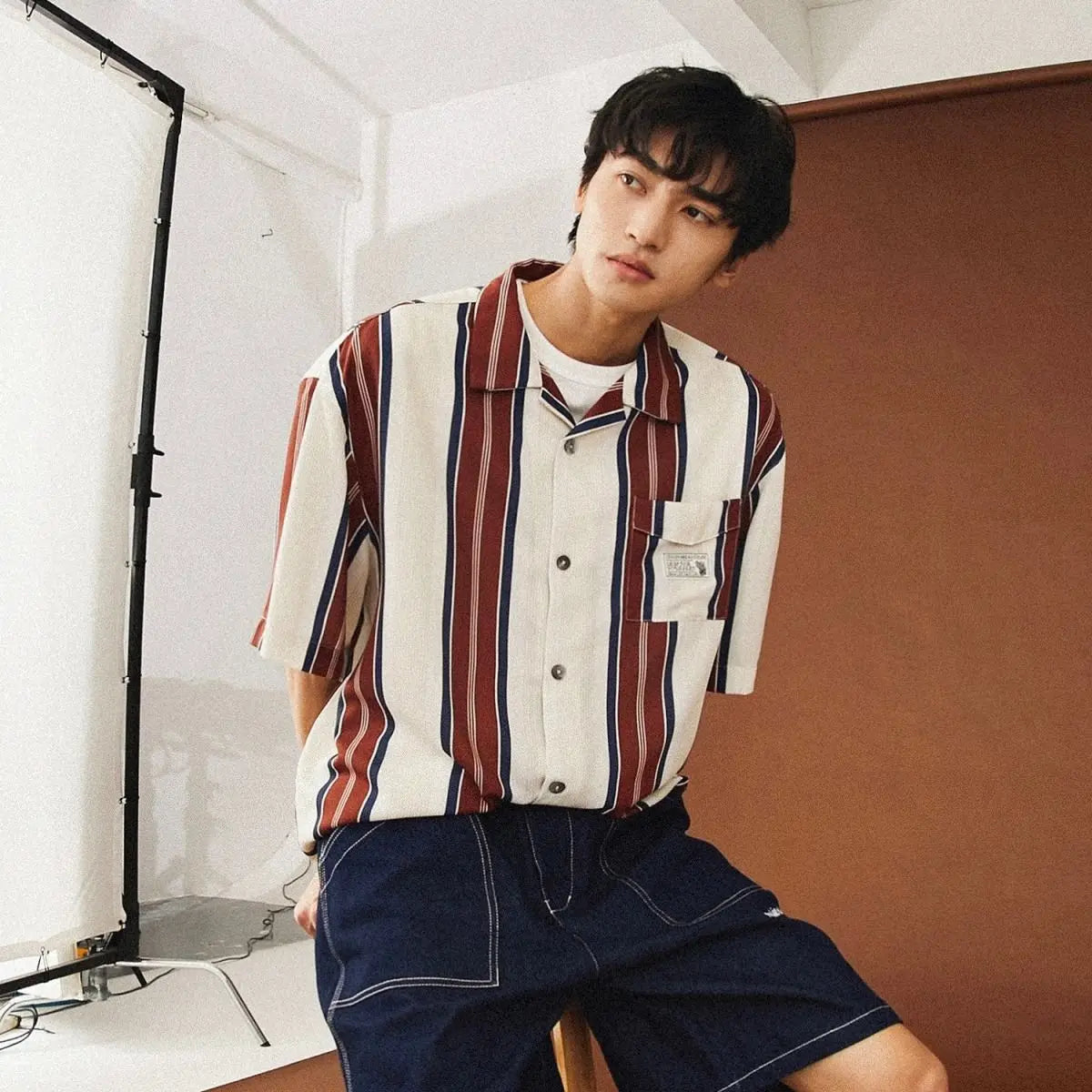 Summer New Turn-down Collar Fashion Short Sleeve Shirt Man High Street Casual Button Cardigan Striped Pockets Patchwork Tops