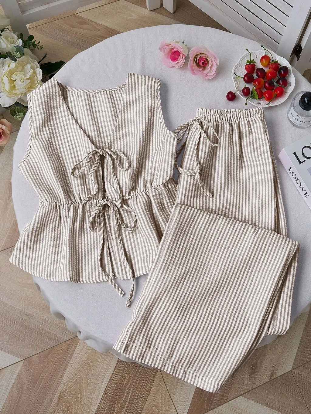 Women's Sets Two 2pcs Sale Summer V Neck Sleeveless Lace Up Vests&High Elastic Waist Striped Wide Leg Pant Suits OUYW-25014