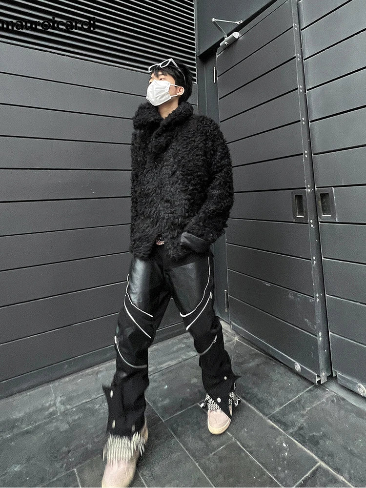 Mauroicardi Spring Autumn Long Black Patchwork Pu Leather Pants Men with Many Zippers Luxury Designer Clothing Trousers Fashions