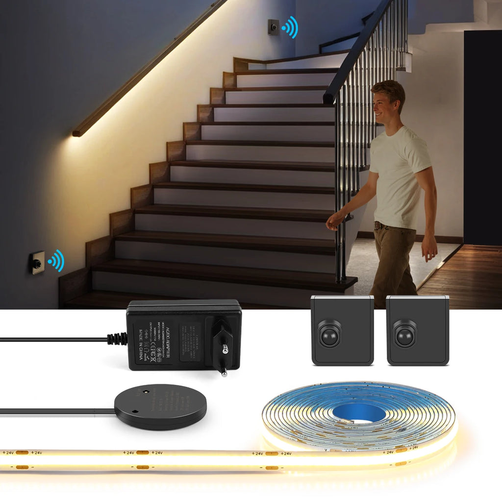 LED Stairs Night Light 5M 10M Portable PIR Motion Sensor Staircase 24V COB LED Strip For Stairway Pathway Corridor Step Lighting
