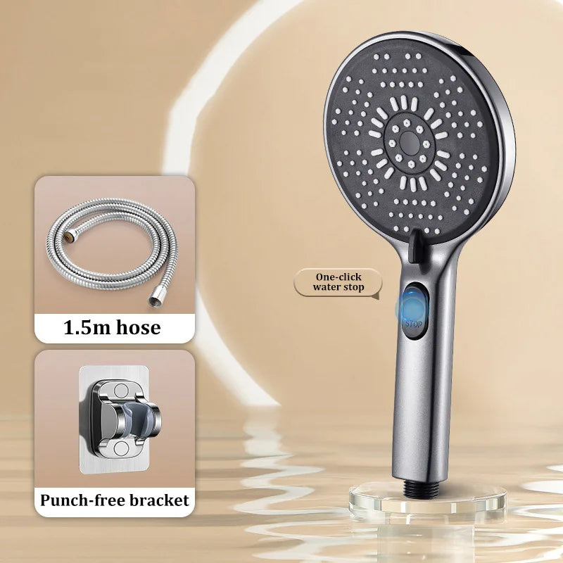Bathroom Shower Head 5-function Large Water Output Booster Filter Handheld Shower One-button Water Stop Silicone Panel