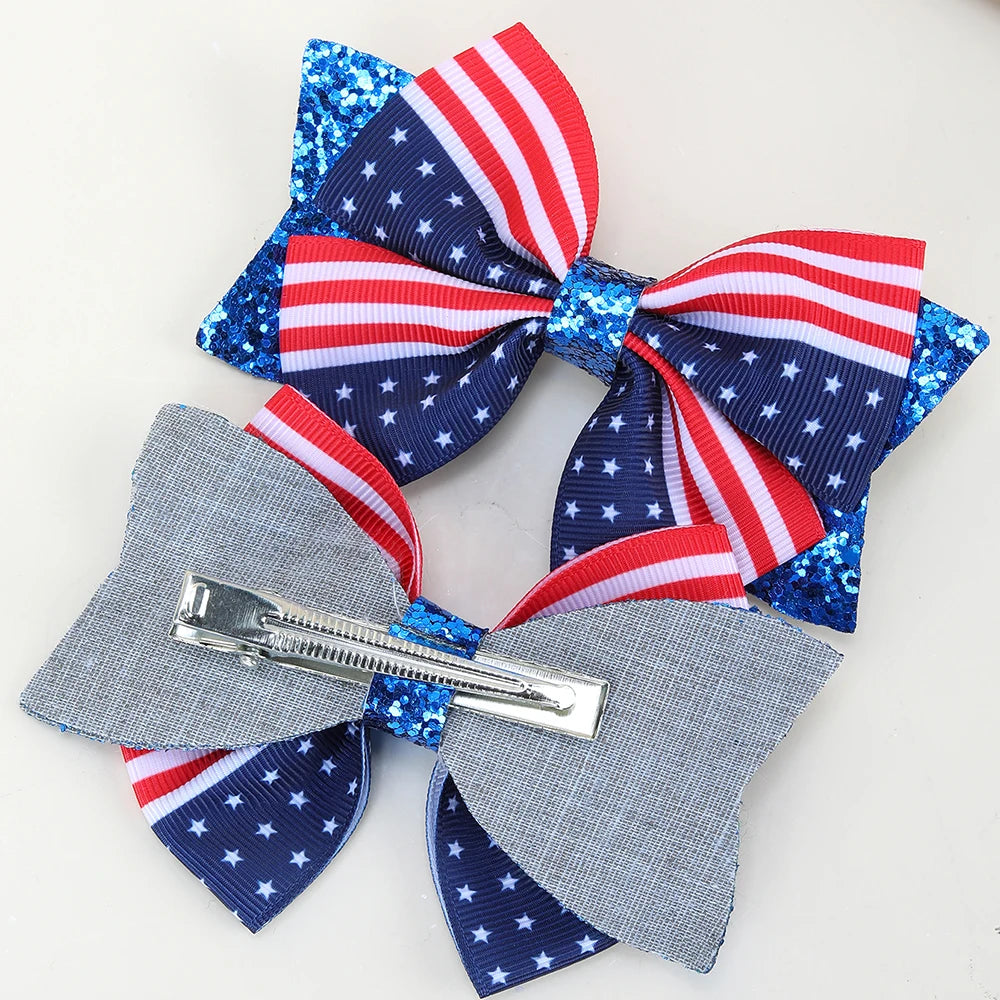 2Pcs USA Flag Bow Hair Clip Ribbon Patriotic American Flag Design Red White Blue Bow Barrettes For 4th Of July Party Accessories