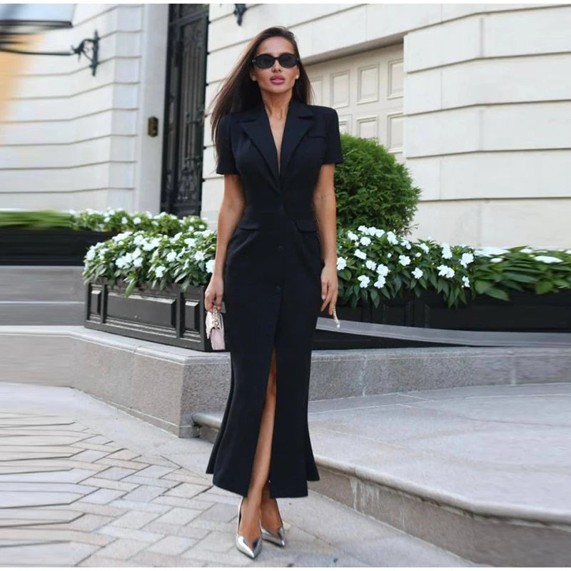 Fashion Lapel Short Sleeve Dress Women's Solid Color Single Breasted Slit Midi Dresses 2026 Summer New Lady Elegant Office Wear