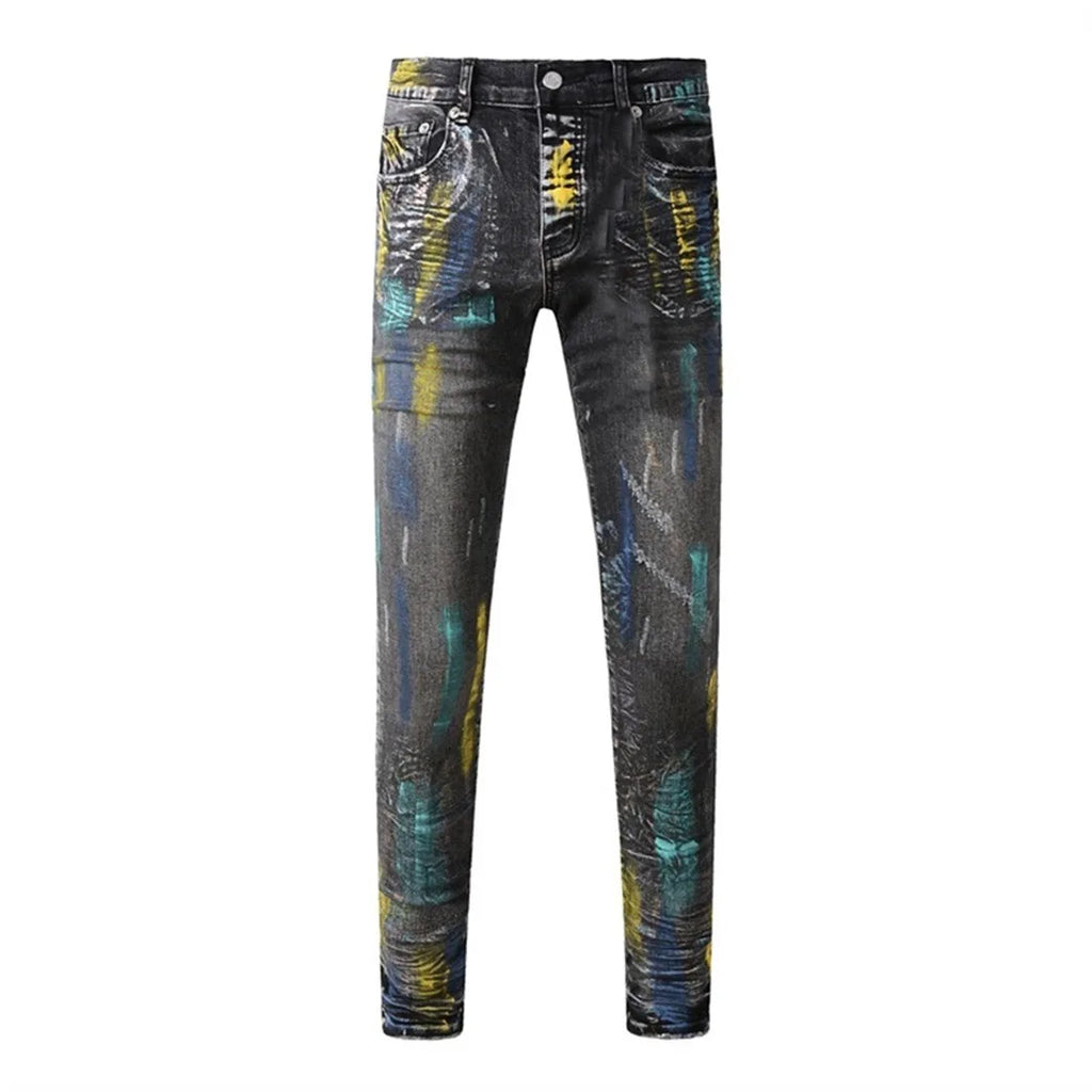 High Street American Distressed Men's Jeans Fashion Brand Coated Blank Stretch Skinny Button Fly Ripped Pants Trousers
