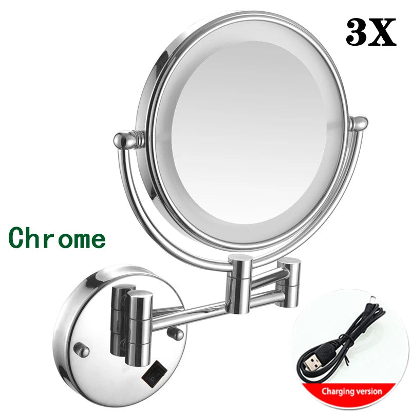 Brushed Gold LED Makeup Mirror with Brass Folding Bathroom Mirrors of 8 Inch 3X 5X Maynifying Makeup Mirror Dual Face LED Mirror
