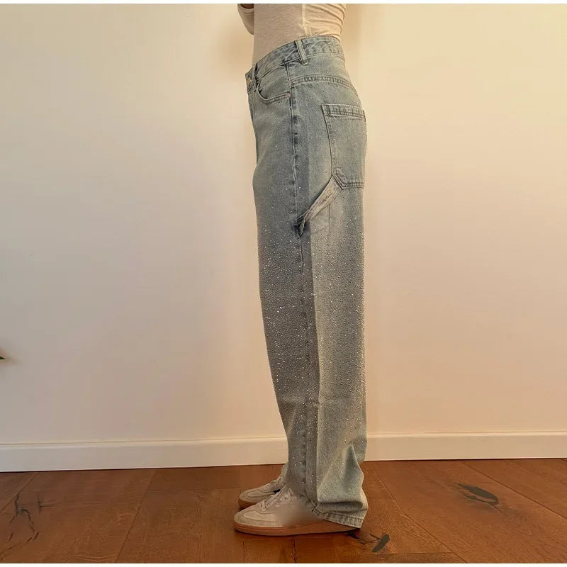 Shiny Rhinestone Baggy Women's Wide Leg Jeans Full Diamond Wide Leg Dragging Denim Pants Vintage Washed Pants Casual Trousers