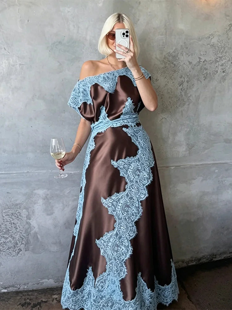 Elegant Lace Patchwork Long Women's Dress Urban Skew-collar Short Sleeve Empire Female Dresses 2026 Summer Vacation Lady Robe