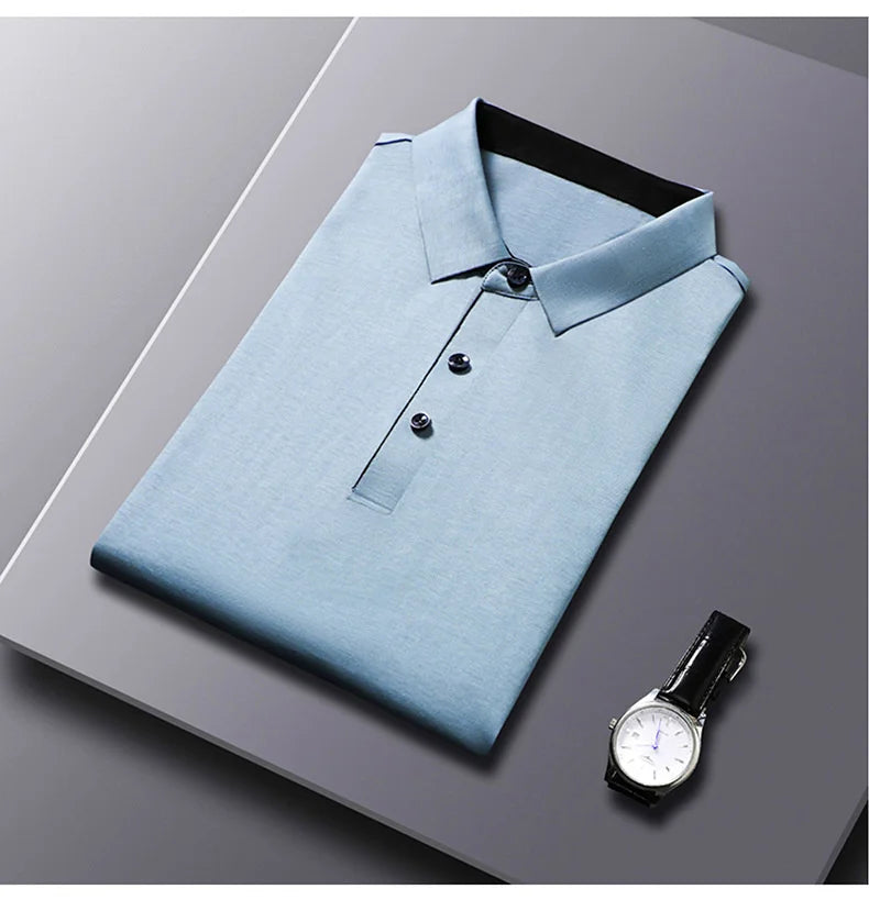 Bamboo Fiber Viscose And Cotton Blend Polo Shirt Men Short Sleeve Collar New Seamless T-shirt Summer Thin Lightweight Poloshirt
