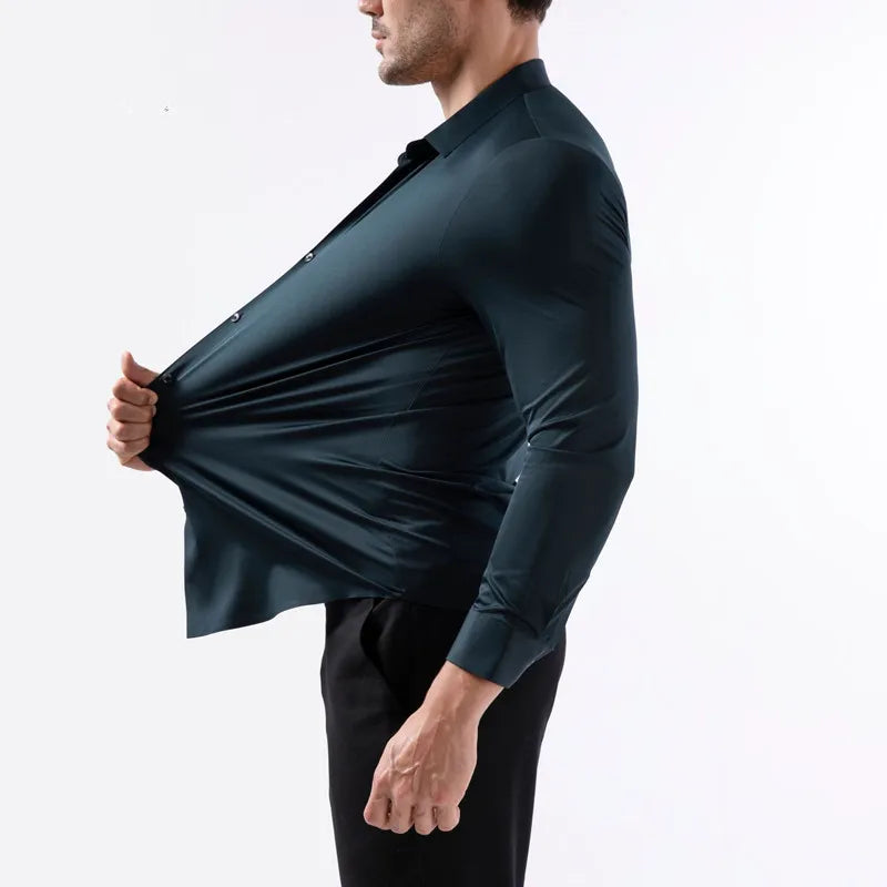 High Elastic Seamless Shirts Men Long Sleeve Muscle Sports Shirt European Size No Ironing Business Professional Workwear Causal