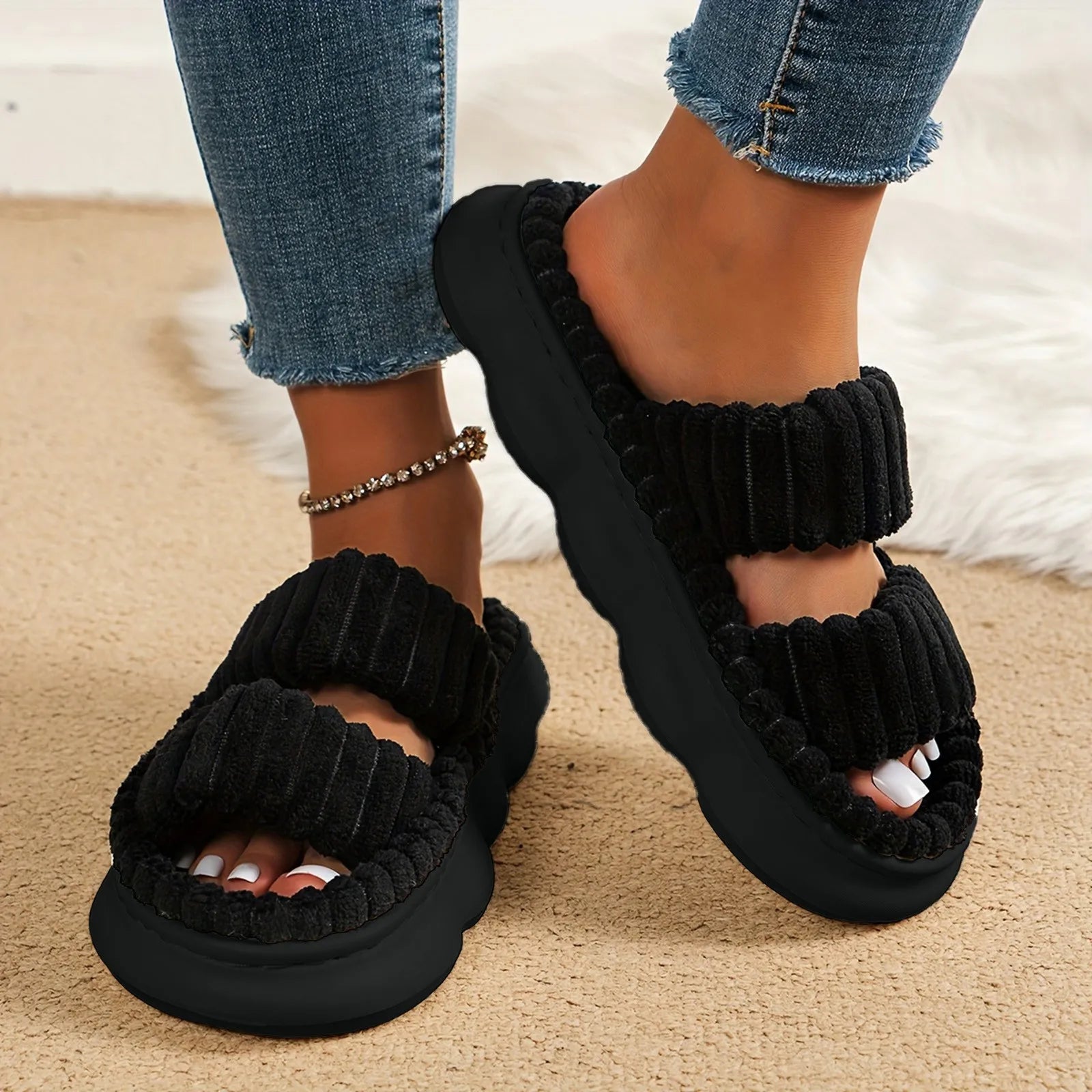 Fashion Women Winter Slipper Corduroy Double Strap House Warm Plush Flat Slippers Autumn Woman Light Comfort Indoor Slipper
