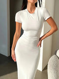 2026 Summer New Chic Slim Chic Short Sleeve Dress for Women O Neck Long Dresses Office Lady Casual Solid Color Dresses Robe