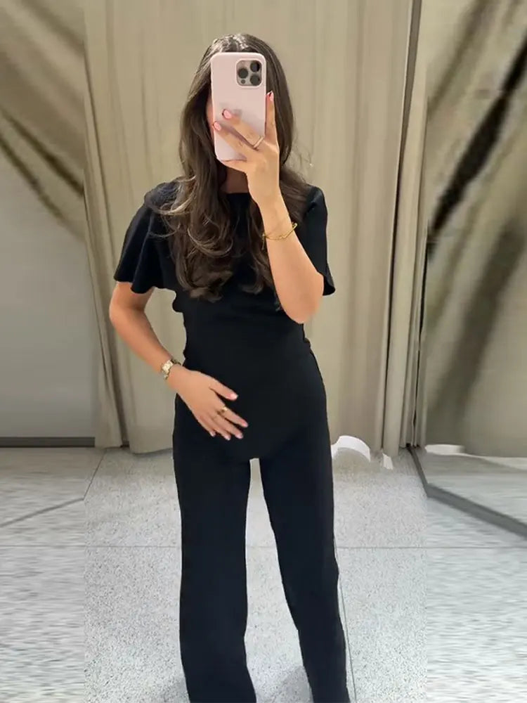 Sexy Solid Top Trousers Set Women Short Sleeve Backless Tops Long Slim Pants Sets Female 2026 Chic Summer Autumn Lady Suits New