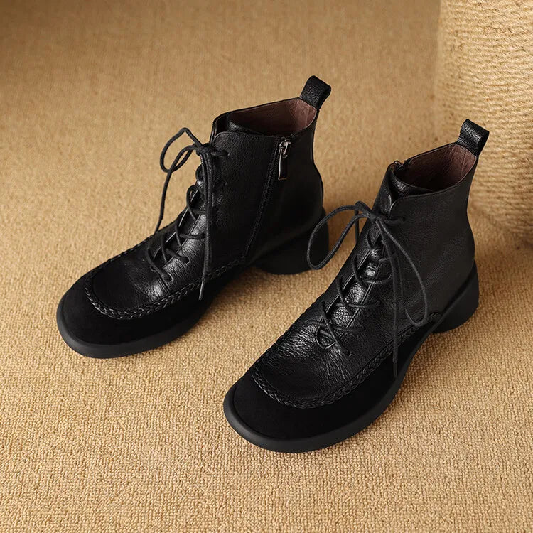 New Autumn Winter Genuine Leather Women Boots Fashion Lace Ankle Boot for Women Short Boots Shoes Chunky Heel Botines Mujer