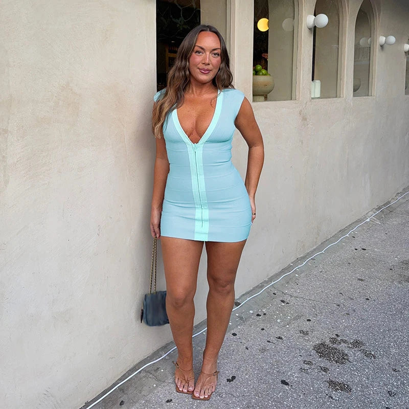 Elegant V-Neck Women's Dress Sleeveless Zippers Elastic Hip Package Lady Mini Dresses 2026 Summer Autumn Chic Female Robe
