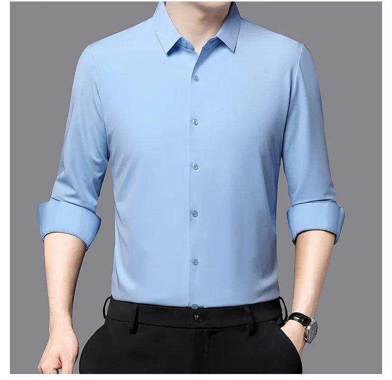 Seamless Anti-wrinkle Business Silky High Elastic Spandex Men's Long-sleeved Shirt Formal Social Non-iron Solid Color Casual