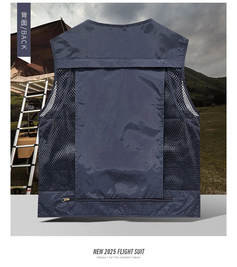 Mesh Men's Fishing Vest Multi Zip Pocket Hiking Waistcoat Male Light Thin Outdoor Sleeveless Jacket Work Summer Travel Plus Size
