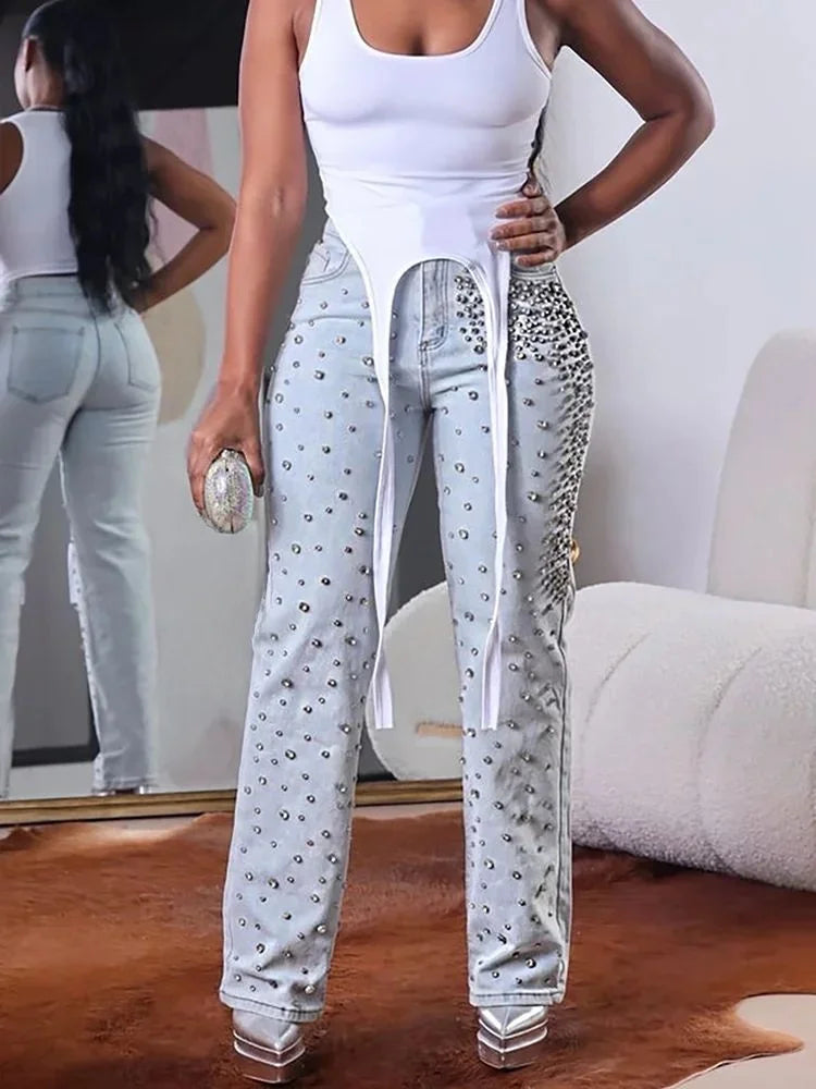High Waist Slim Beaded Denim Jeans Women's Spring Casual Fashion Ladies' Premium Quality Jeans