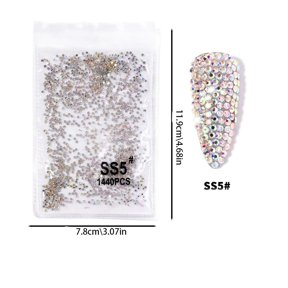 1440pcs Nail Clear/AB Glass Strass FlatBack Crystal Rhinestone (SS3-SS30)3D Nail Gem Stones Non-HotFix Nail Rhinestone
