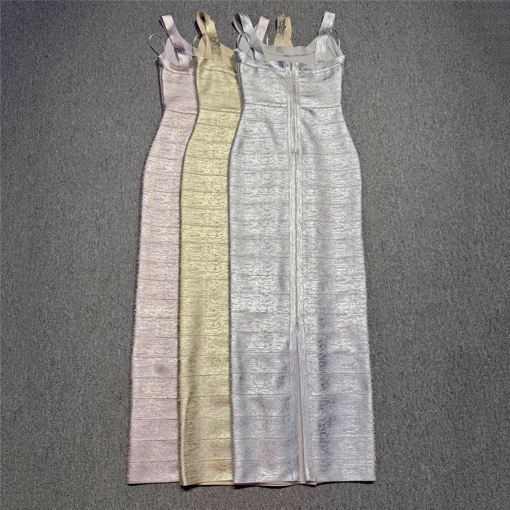 Fashionable Hot Stamping Women Spaghetti Strap Bandage Dress Celebrity Party Maxi Dresses