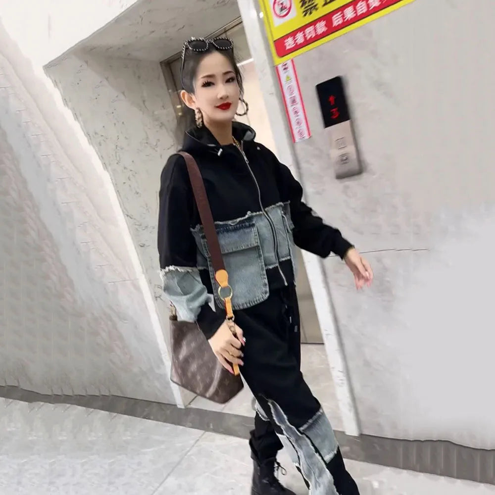 Autumn Denim Women's Pant Set Splice Fashion Loose Oversized Hooded Jacket + Pencil Jeans Two Piece Sets 6XL Trousers Suits 2024